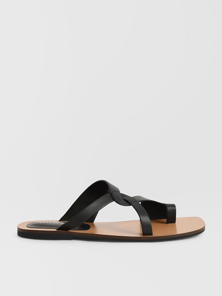 Toe-Ring Strappy Slide Sandals, Black, hi-res