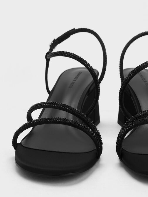 Satin Crystal-Embellished Strappy Sandals, Black Textured, hi-res