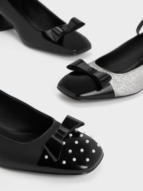 Pearl-Embellished Leather Bow Ankle-Strap Pumps, Black, hi-res