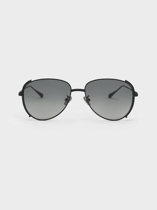 Gem-Embellished Wireframe Aviator Sunglasses, Black, hi-res