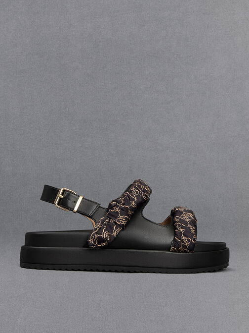 Leather Ruched-Strap Sandals, Black, hi-res