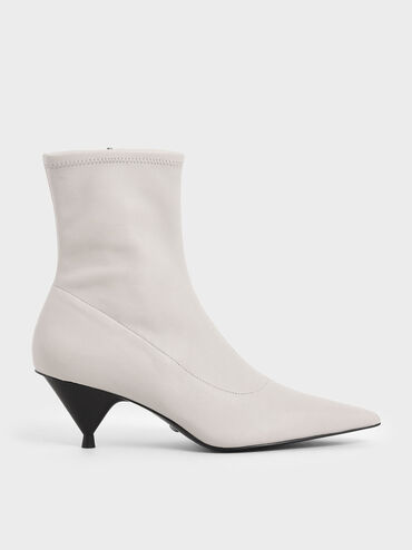 Leather Cone Heel Ankle Boots, White, hi-res