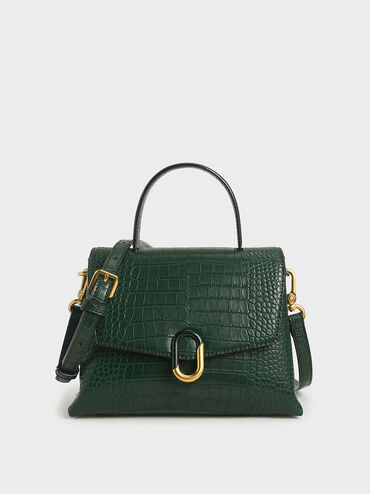 Croc-Effect Stone-Embellished Handbag, Green, hi-res
