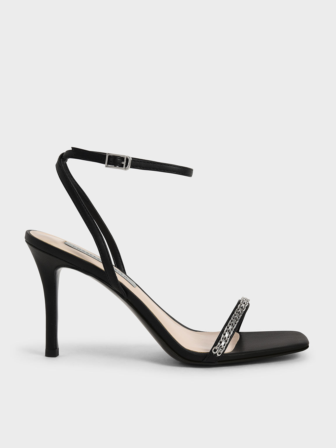 Metallic Accent Ankle-Strap Stiletto Sandals, Black, hi-res