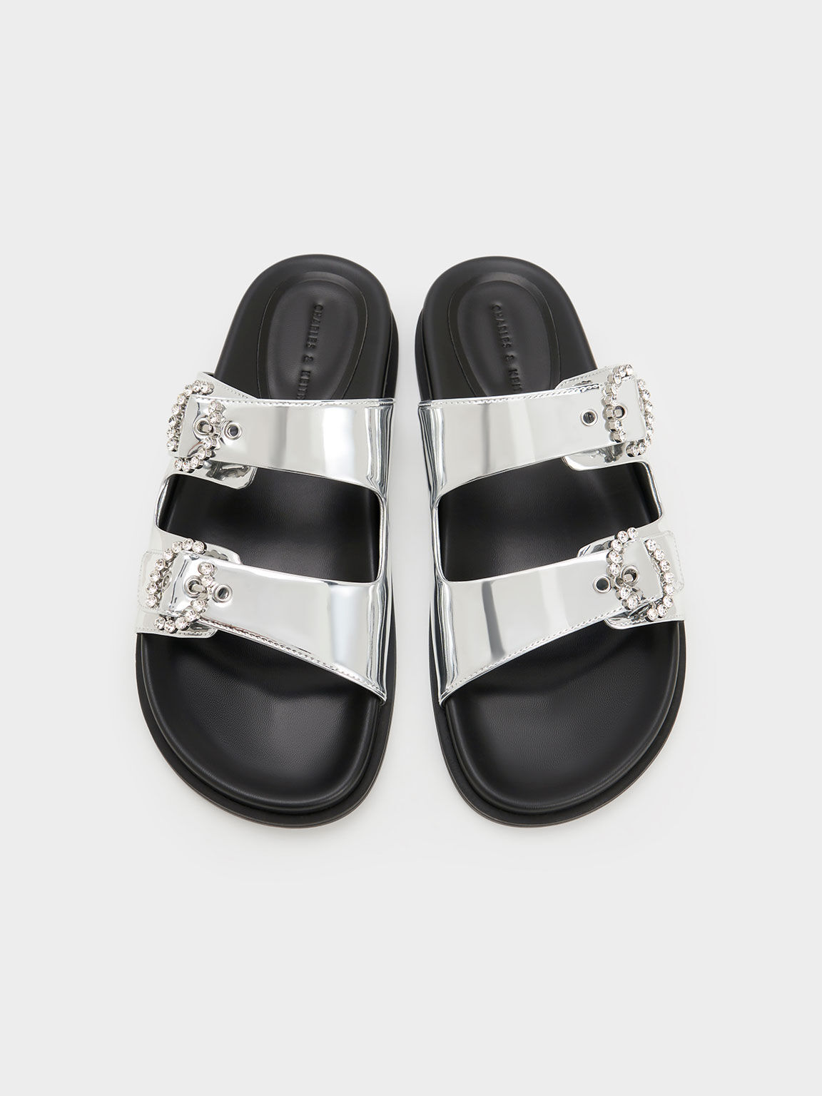 Silver Embellished Buckle Metallic Sandals - CHARLES & KEITH DK