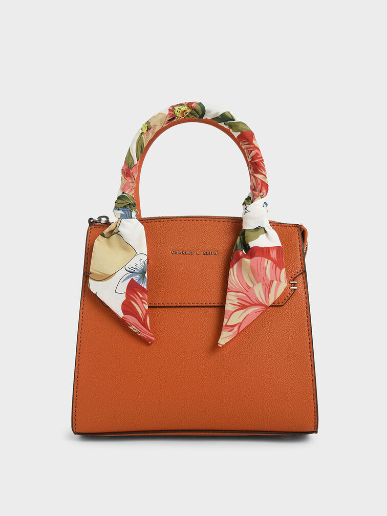 Scarf-Wrapped Top Handle Bag, Orange, hi-res