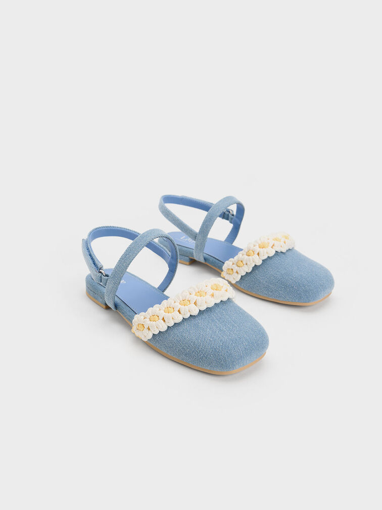 Chaussures à bride arrière en jean avec fleurs en crochet - Enfant, Bleu Clair, hi-res