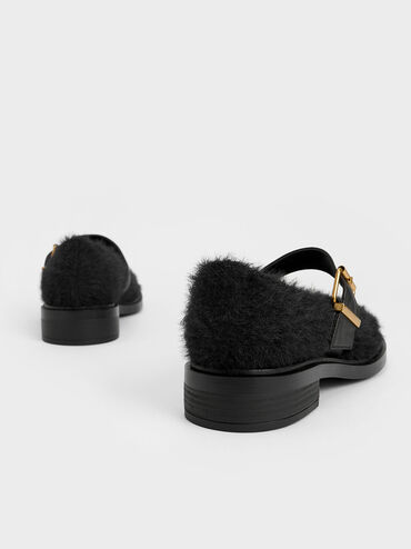Leather Furry Mary Janes, Black, hi-res
