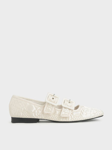 Cecilie Bahnsen X CHARLES & KEITH: Quilted Recycled Satin Dhalia Mary Janes, Cream, hi-res