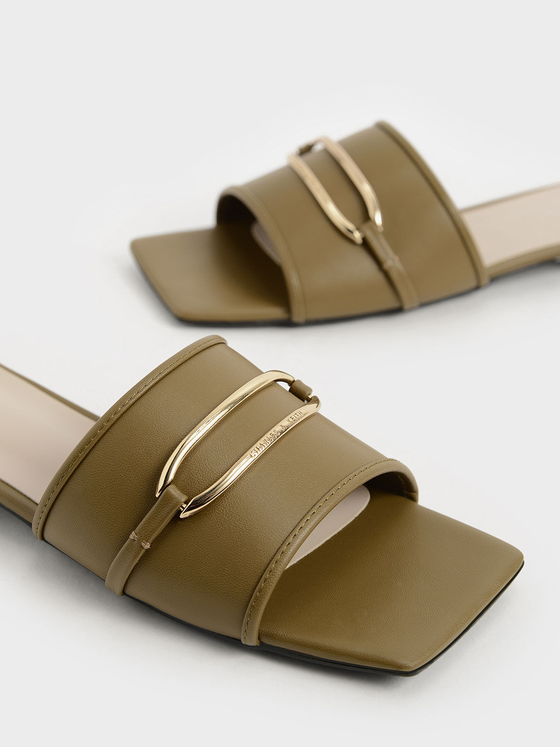 Metallic Accent Square-Toe Slide Sandals, Olive, hi-res