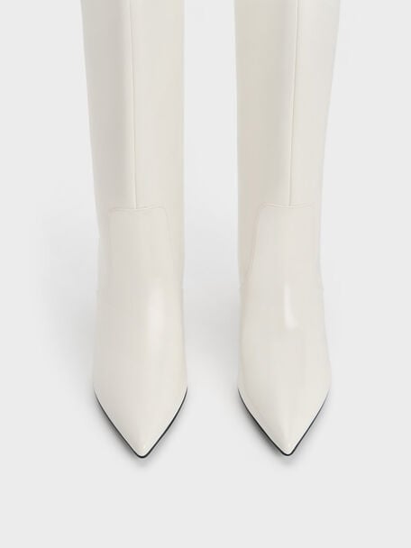 Lucinda Trapeze-Heel Knee-High Boots, White, hi-res