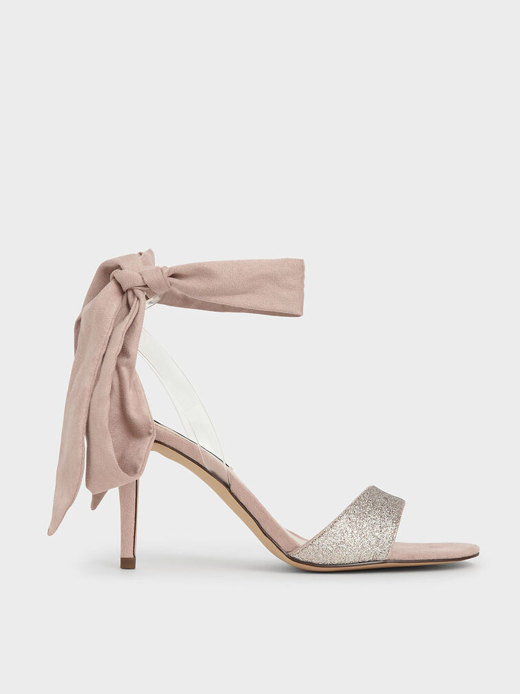 Glitter Ribbon Ankle-Tie Sandals, Champagne, hi-res