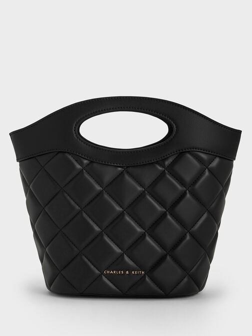 Quilted Chain-Link Curved-Handle Bucket Bag, Black, hi-res