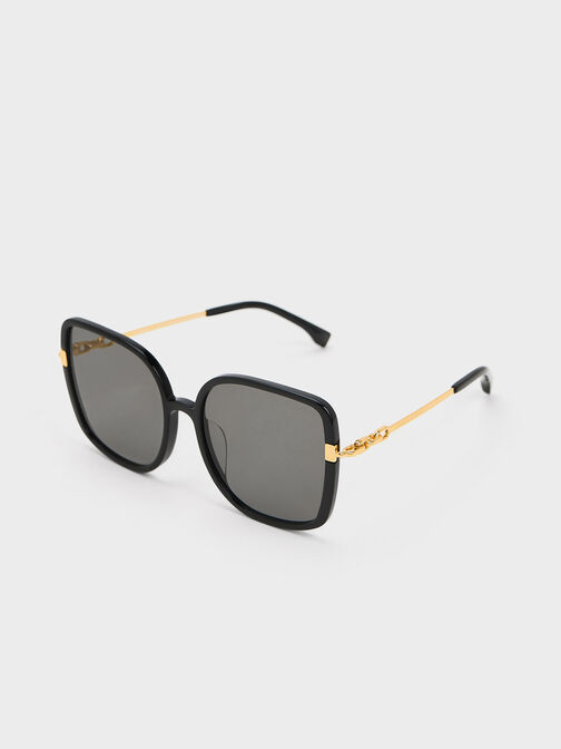 Oversized Square Chain-Link Sunglasses, Black, hi-res