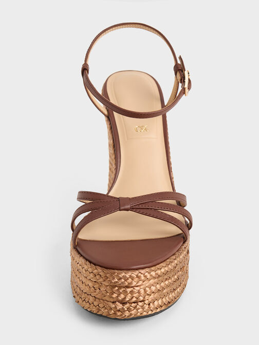 Leather Strappy Espadrille Wedges, Brown, hi-res