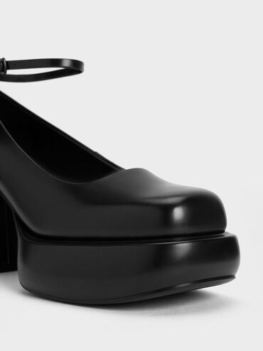 Zapatos de tacón plataforma Monique con correa al tobillo, Negro pulido, hi-res