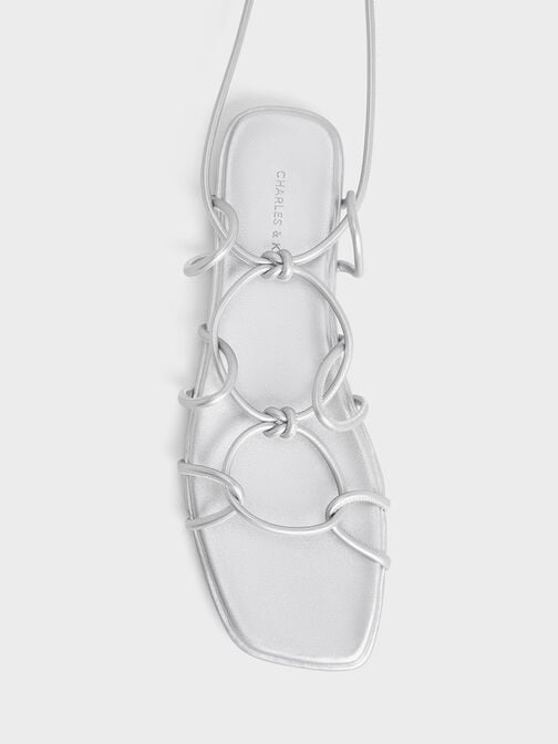 Strappy Knotted Tie-Around Sandals, Silver, hi-res