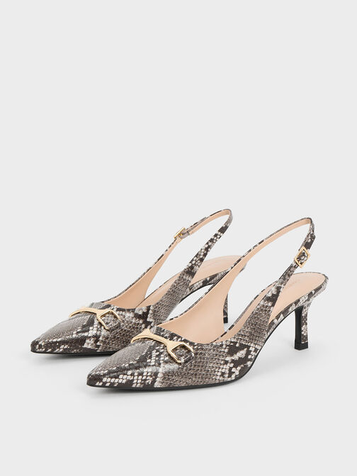 Zapatos de tacón destalonados con estampado de serpiente y acento metálico, Animal print natural, hi-res