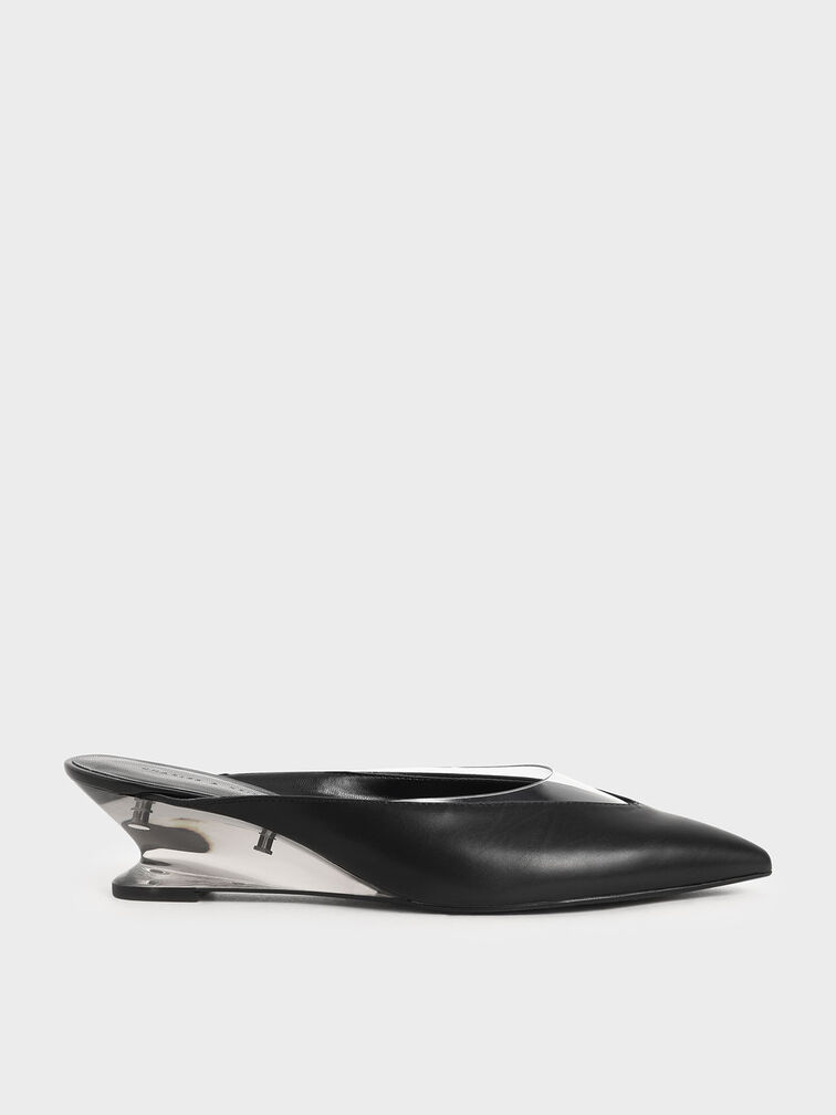 See-Through Effect Pointed Toe Mules, Black, hi-res