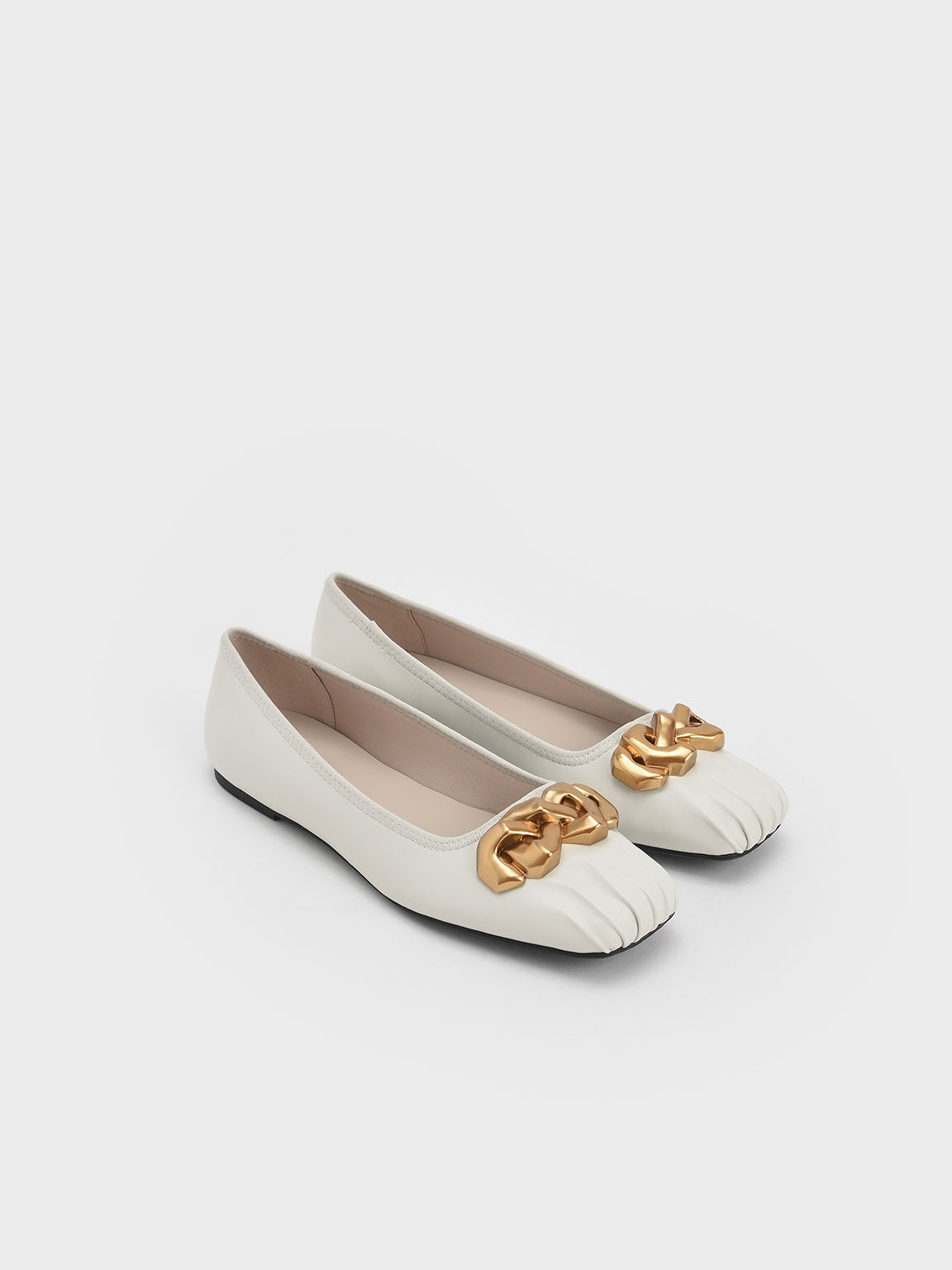 Ruched Square-Toe Chunky Chain-Link Ballerinas, Chalk, hi-res