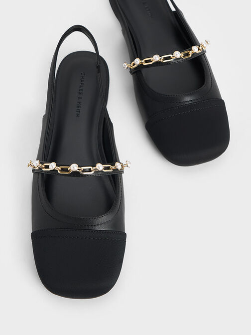 Zapatos planos destalonados con detalle de cadena y cuentas, Negro, hi-res