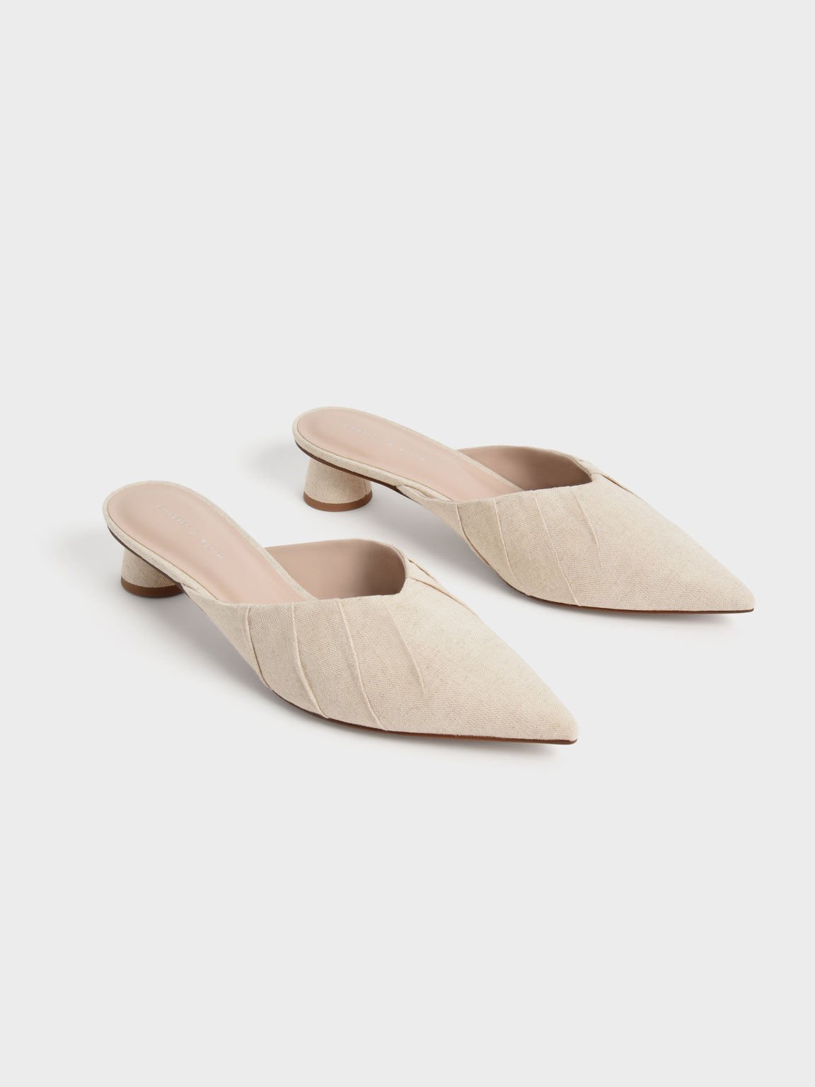 Linen Ruched Cylindrical Heel Mules, Chalk, hi-res