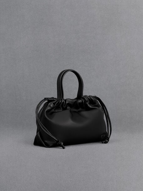 Leather Ruched Drawstring Bag, Black, hi-res