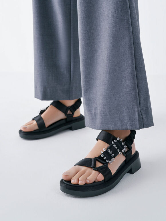 Miko Gem-Embellished Satin Sandals, Black, hi-res