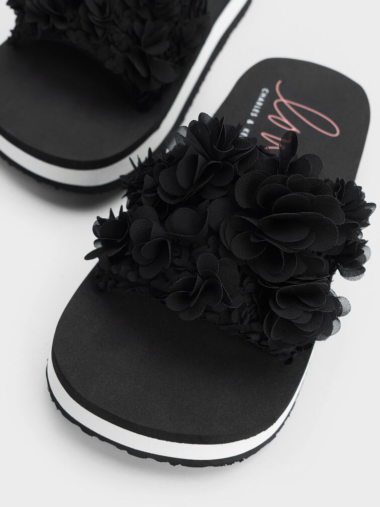 Sandales effet floral à plateforme, Noir, hi-res