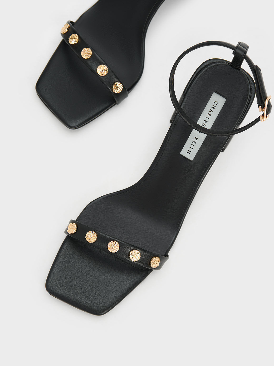 Studded Ankle-Strap Heeled Sandals, Black, hi-res