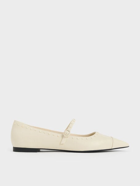 Zapatos planos Mary Jane con punta puntiaguda y tachuelas, Blanco tiza, hi-res