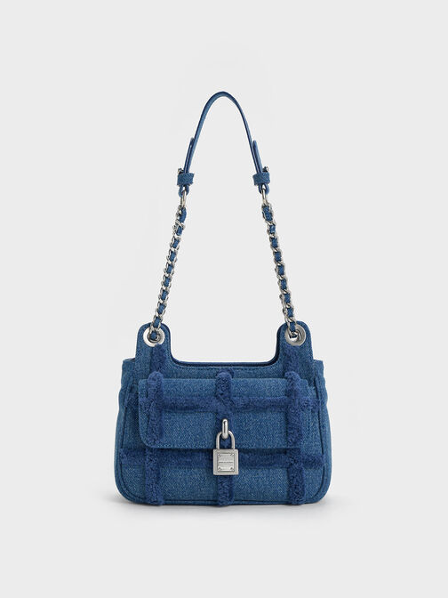 Suki Denim Padlock Shoulder Bag, Denim Blue, hi-res