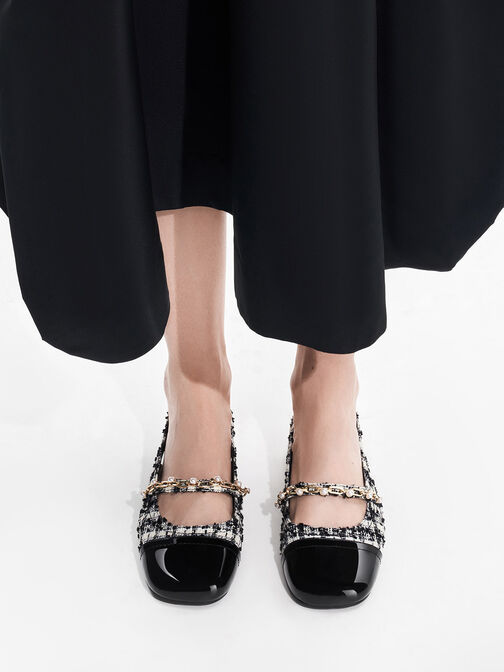 Chaussures en tweed à bride arrière à perles et maillons de chaîne, Noir Texturé, hi-res