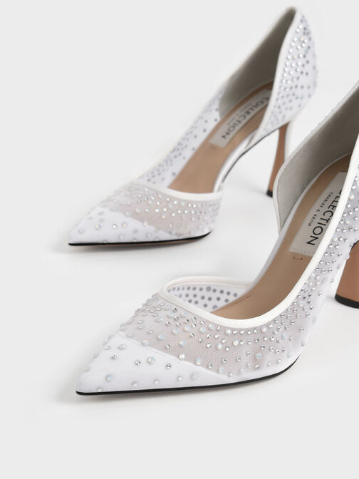Zapatos de tacón Half-D'Orsay con adornos de malla Blythe, Blanco, hi-res