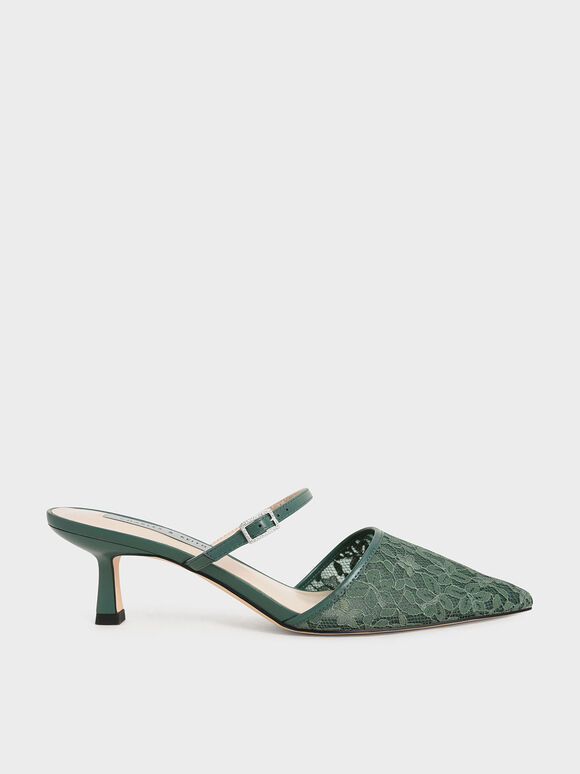 Lace & Mesh Embellished-Buckle Mules, Green, hi-res