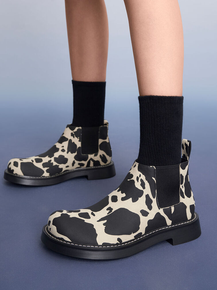 Penelope Cow-Print Pull-Tab Chelsea Boots, Animal Print Natural, hi-res