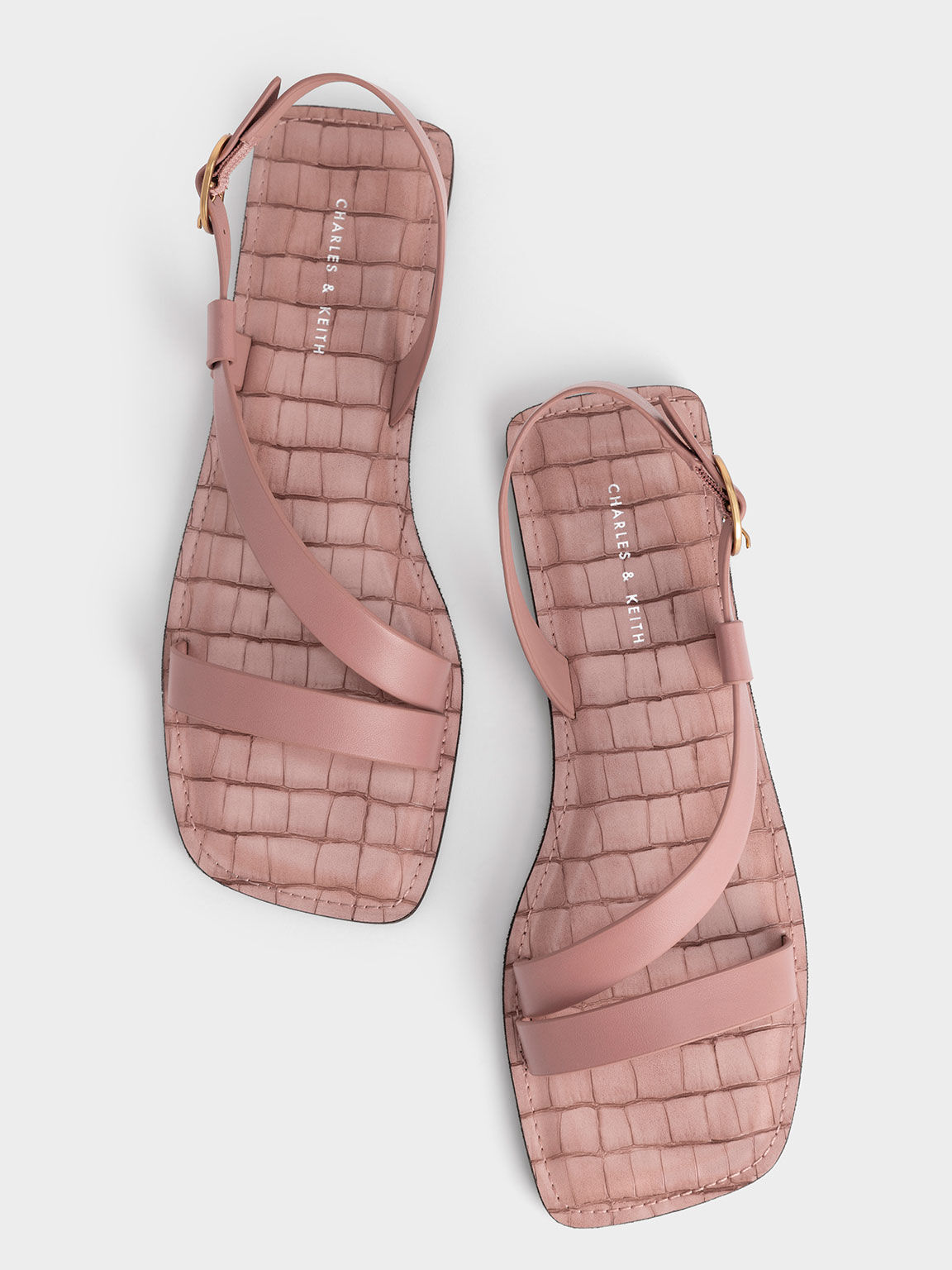 Croc-Effect Asymmetric Slingback Flat Sandals, Pink, hi-res
