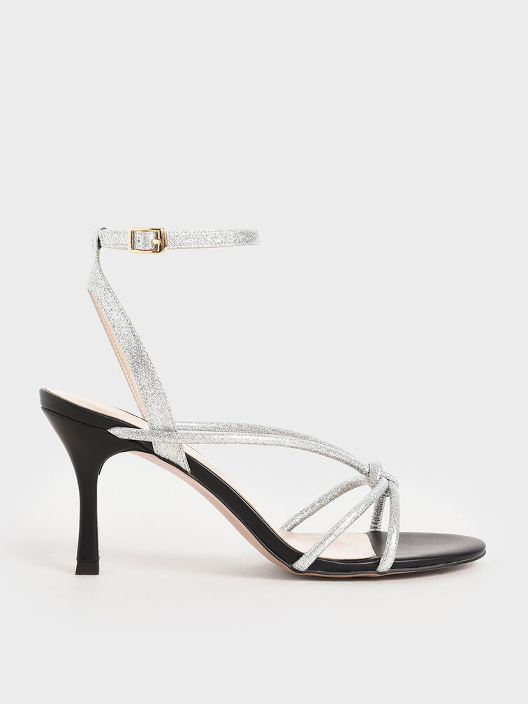 Glitter Front Knot Heeled Sandals, Silver, hi-res