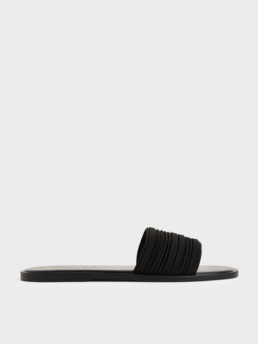 Pleated Slide Sandals, Black, hi-res