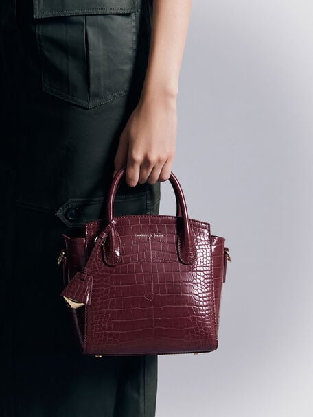 Harper Croc-Effect Structured Top Handle Bag, Burgundy, hi-res