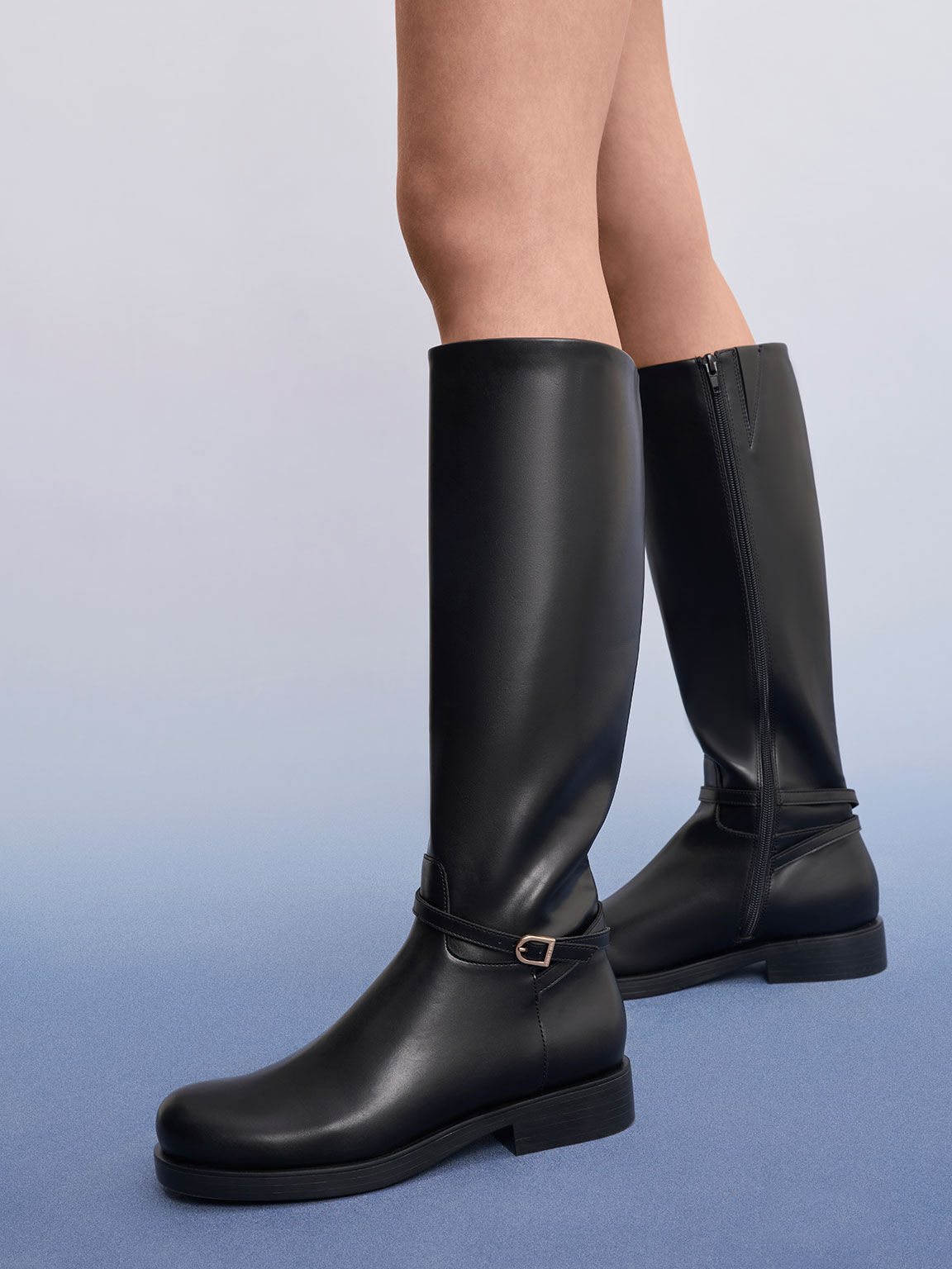 Belted Knee-High Boots, Black, hi-res