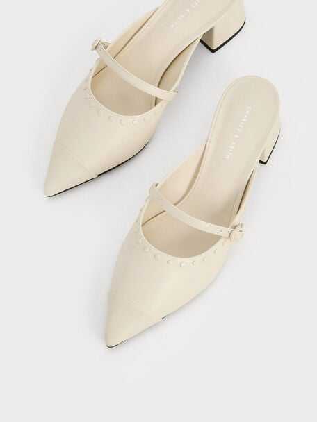 Studded Pointed-Toe Block Heel Mules, Chalk, hi-res