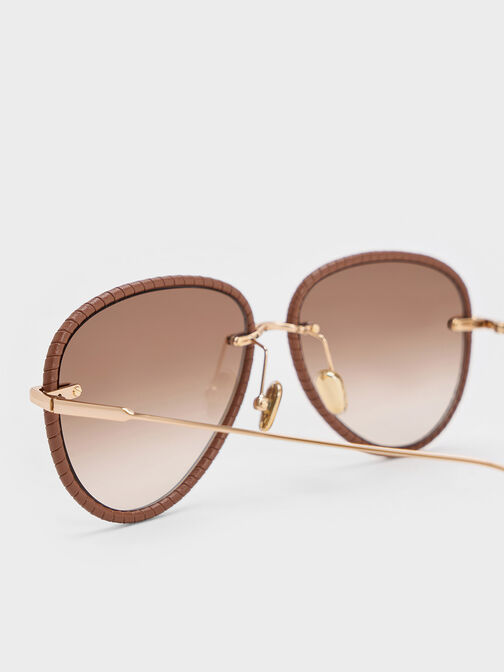 Leather Braided-Rim Aviator Sunglasses, Chocolate, hi-res