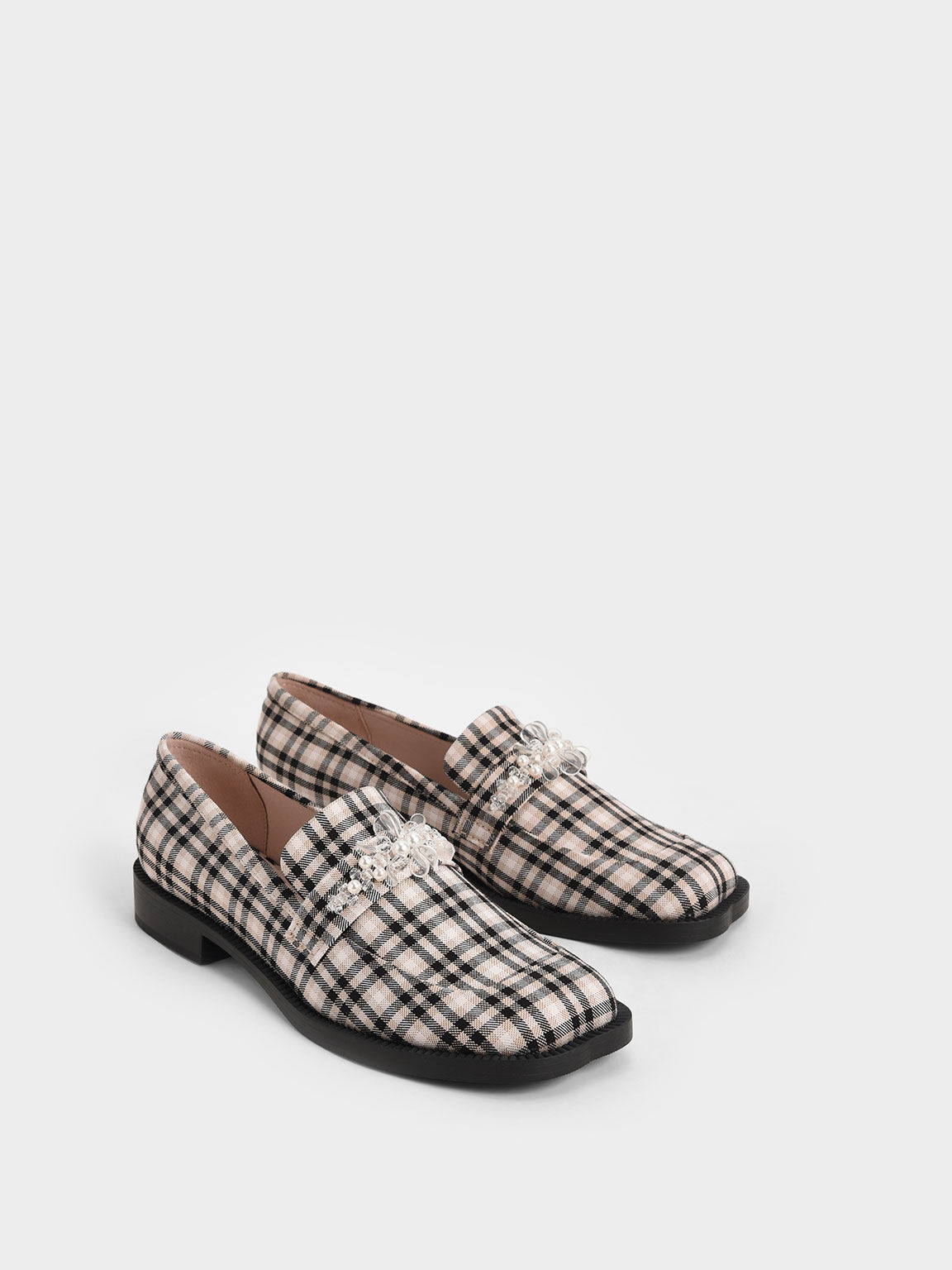 Bead-Embellished Check-Print Penny Loafers, Multi, hi-res