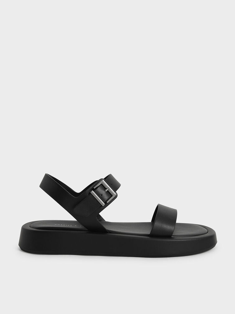 Buckled Ankle Strap Flatform Sandals, Negro, hi-res