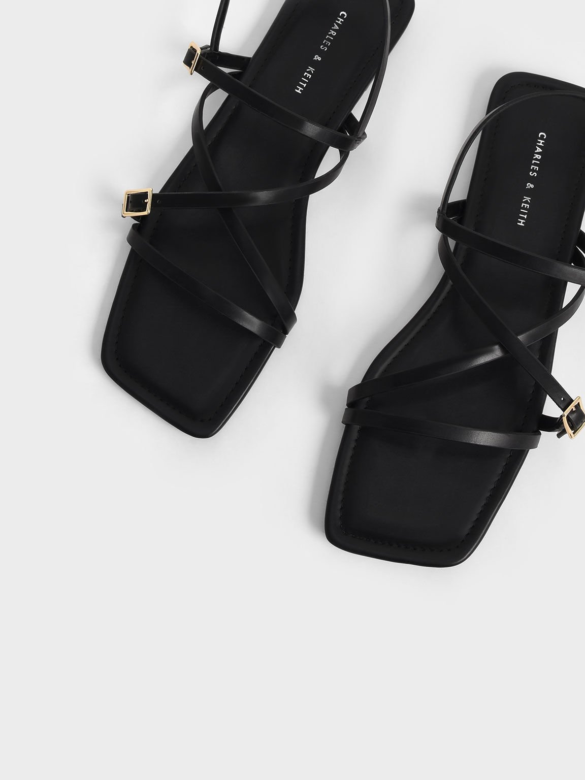 Strappy Mini Buckle Flat Sandals, Black, hi-res