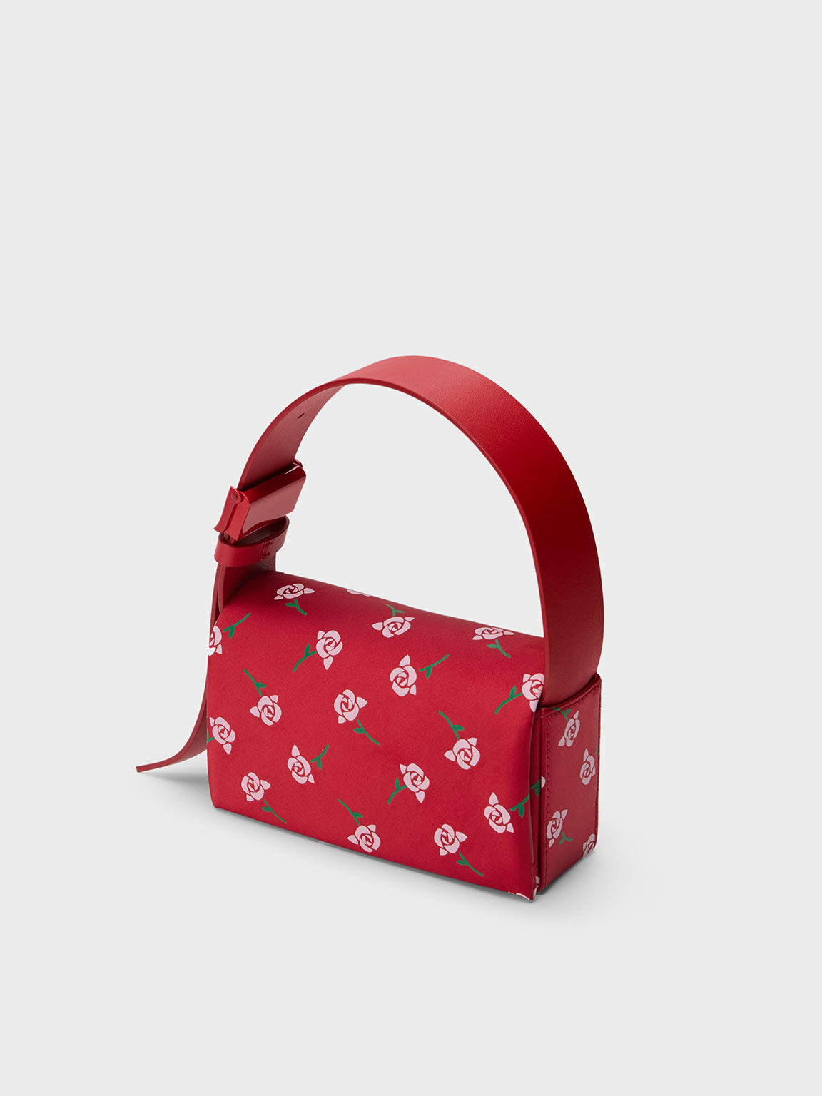 SHUSHU/TONG x CHARLES & KEITH: Chloris Satin & Leather Rose-Print Shoulder Bag, Red, hi-res