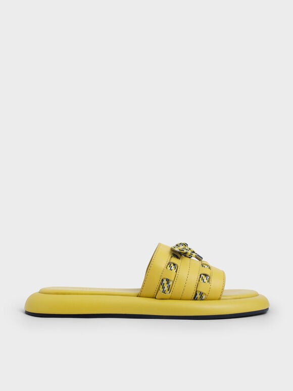 Printed Bow-Tie Leather Slide Sandals, Yellow, hi-res