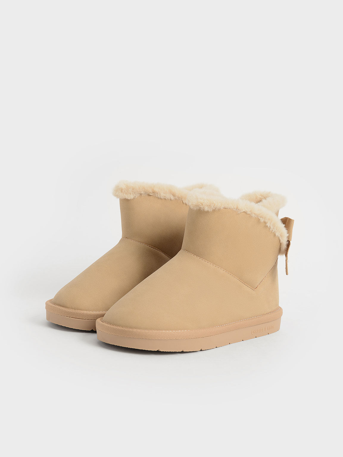 Girls Fashion Faux Suede Camel Color Ankle Flat Boots With Faux Fur Trim 