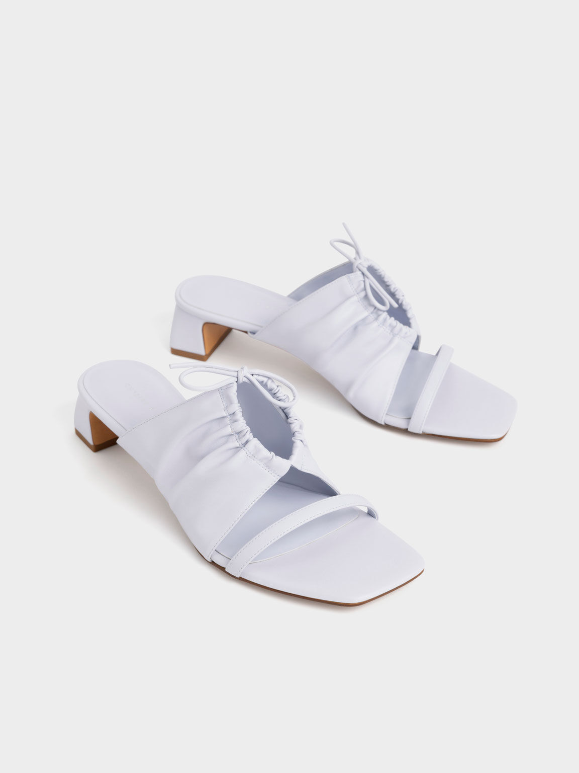 Bow-Tie Ruched Heeled Mules, Light Blue, hi-res